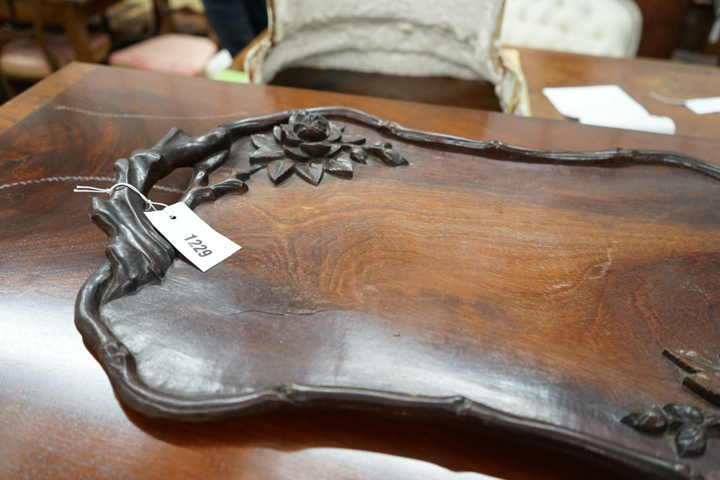 A brass bound staved mahogany waste paper bin, width 35cm, height 36cm together with a Chinese carved hardwood tray